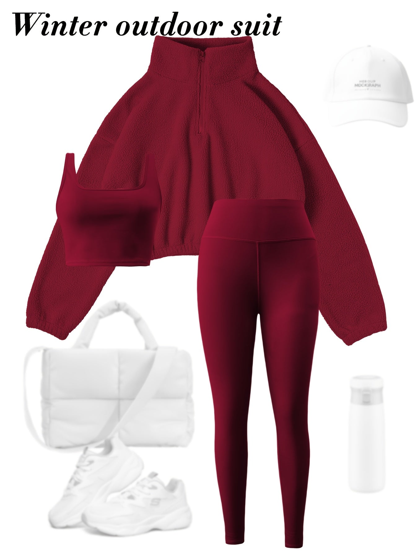 3pcs Maroon Fleece-Lined Yoga Outfit Set: Stretchy Sports Bra, High-Waist Leggings & Half-Zip Sweatshirt - Cozy, Slimming Autumn/Winter Workout Gear for Women, Casual Activewear|Elegant Sports Attire|Stretchy Polyester Blend