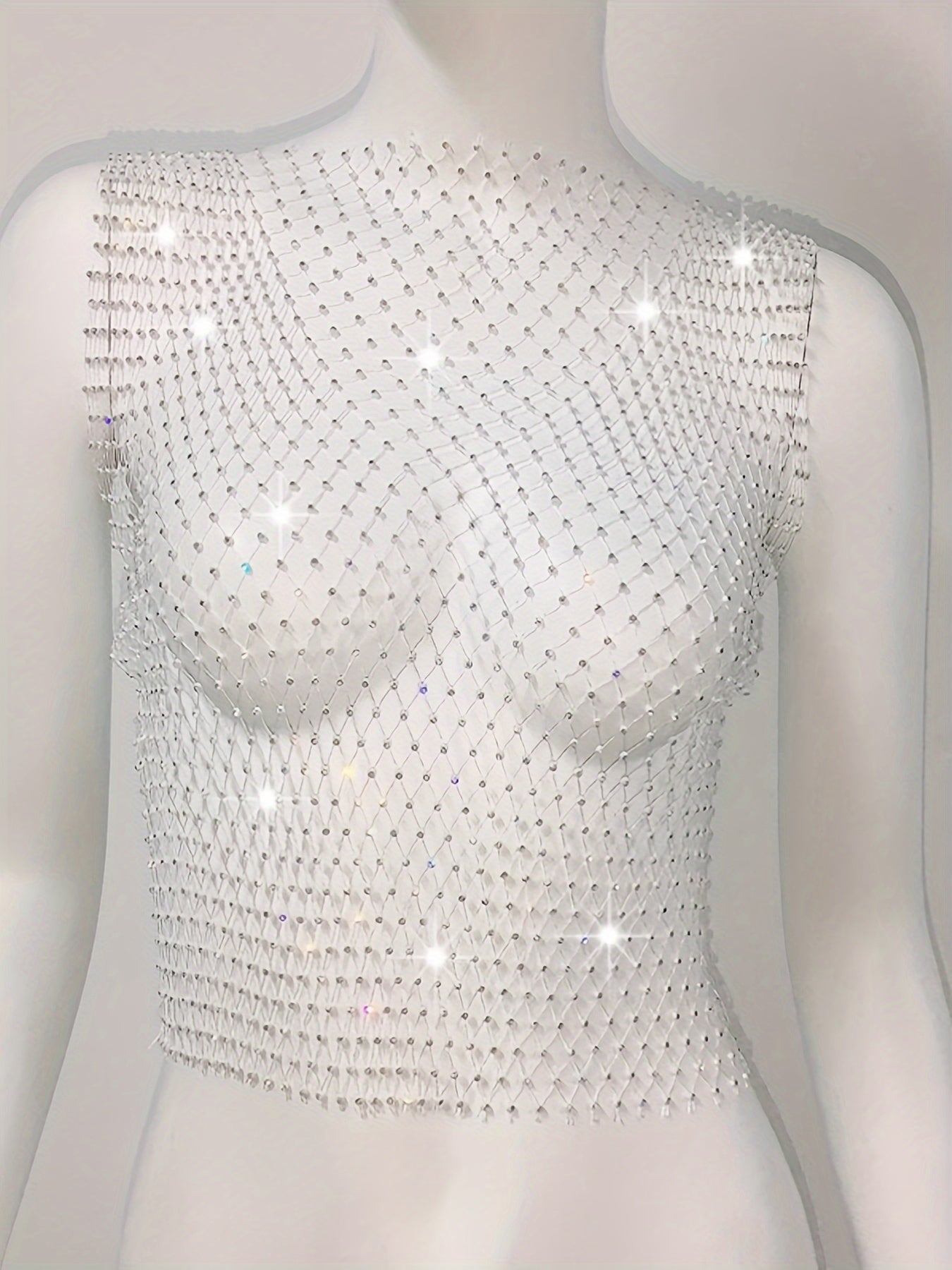 Women’s Rhinestone Fishnet Tank Top - Sleeveless V-Neck, Stretchy & Sheer Glitter Mesh for Party & Clubwear, White, Trendy Outfit | Sparkly Fishnet Design | Stretchy Mesh Fabric