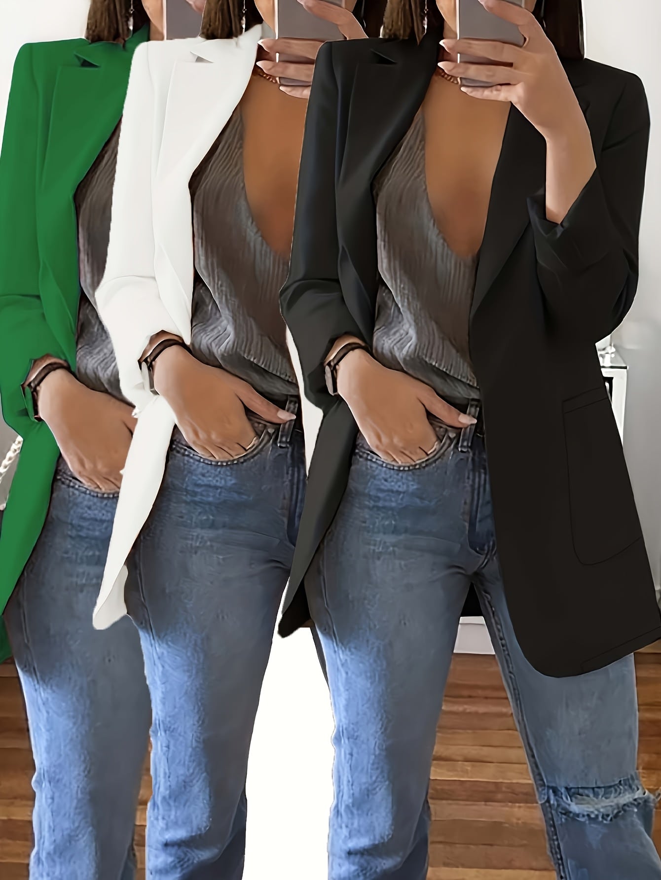 3pcs Fashion Casual Solid Color Lapel Slim Fit Open Cardigan Suit Jacket for Women Spring Summer Autumn