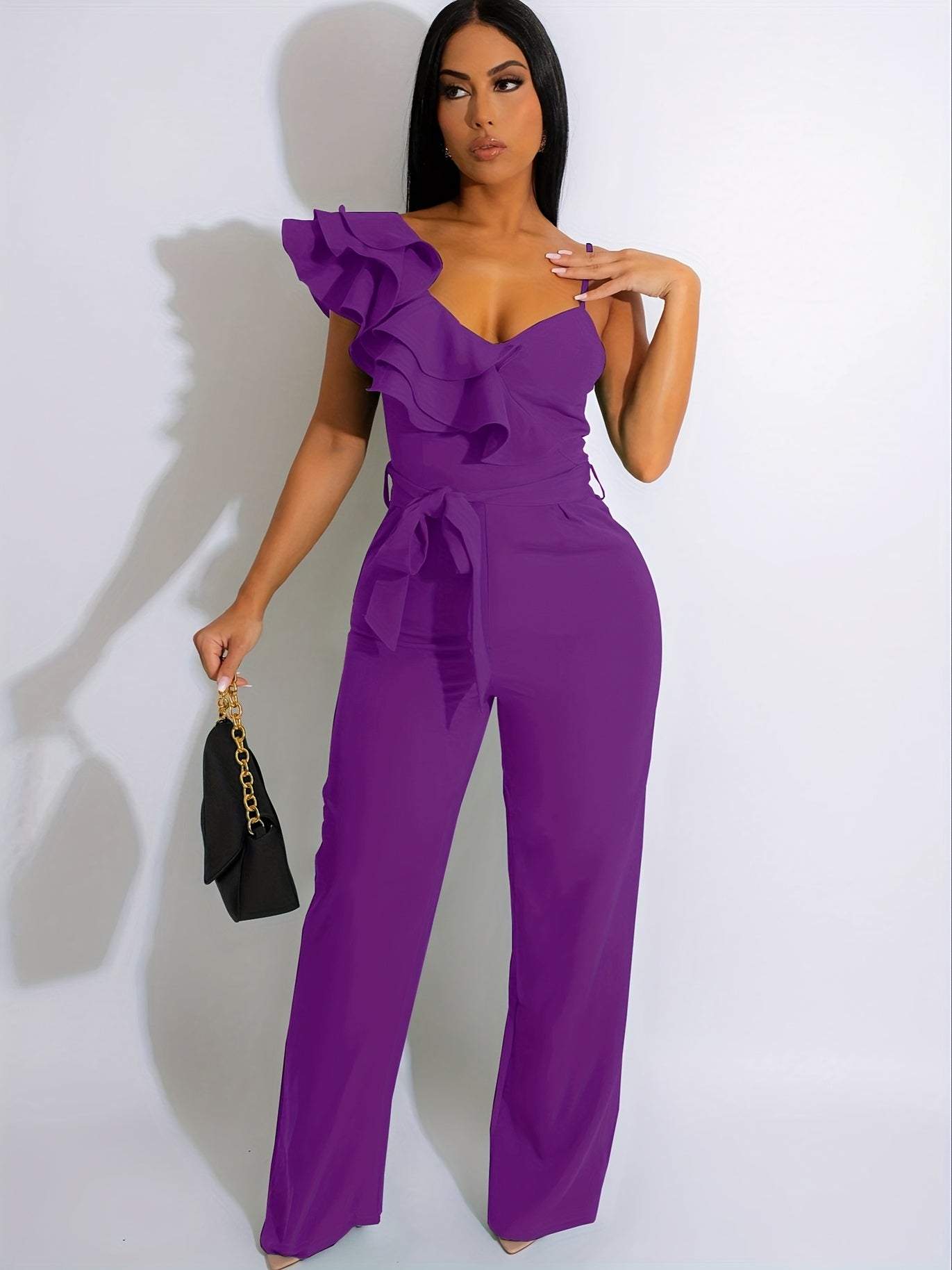 Womens Casual One Piece Jumpsuits V-Neck Sleeveless Ruffle Elegant Romper Wide Leg Pant Sexy Party Clubwear Overalls