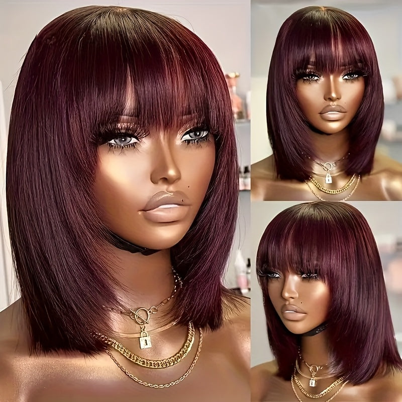 Burgundy Brazilian Virgin Human Hair Wig - 99J Short Straight Bob with Bangs, Glueless Comfort Fit, 180% Density Rose Net Cap, Natural Black Real Human Hair for Women, All Ethnicities, Perfect Gift, Short Hair Wigs, Stylish H