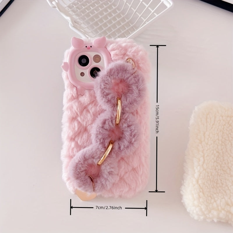 Plush Grid Wristband Lanyard Phone Case, Suitable for Apple 16/15 Pro Max/15 Pro/15/15Plus/14 Pro Max/14 Pro/14Plus/14/13 Pro Max/13 Pro/13 /12 Pro Max/12 Pro/12/11Pro max/11 Autumn and Winter Girl Plush Mobile Phone Protecti