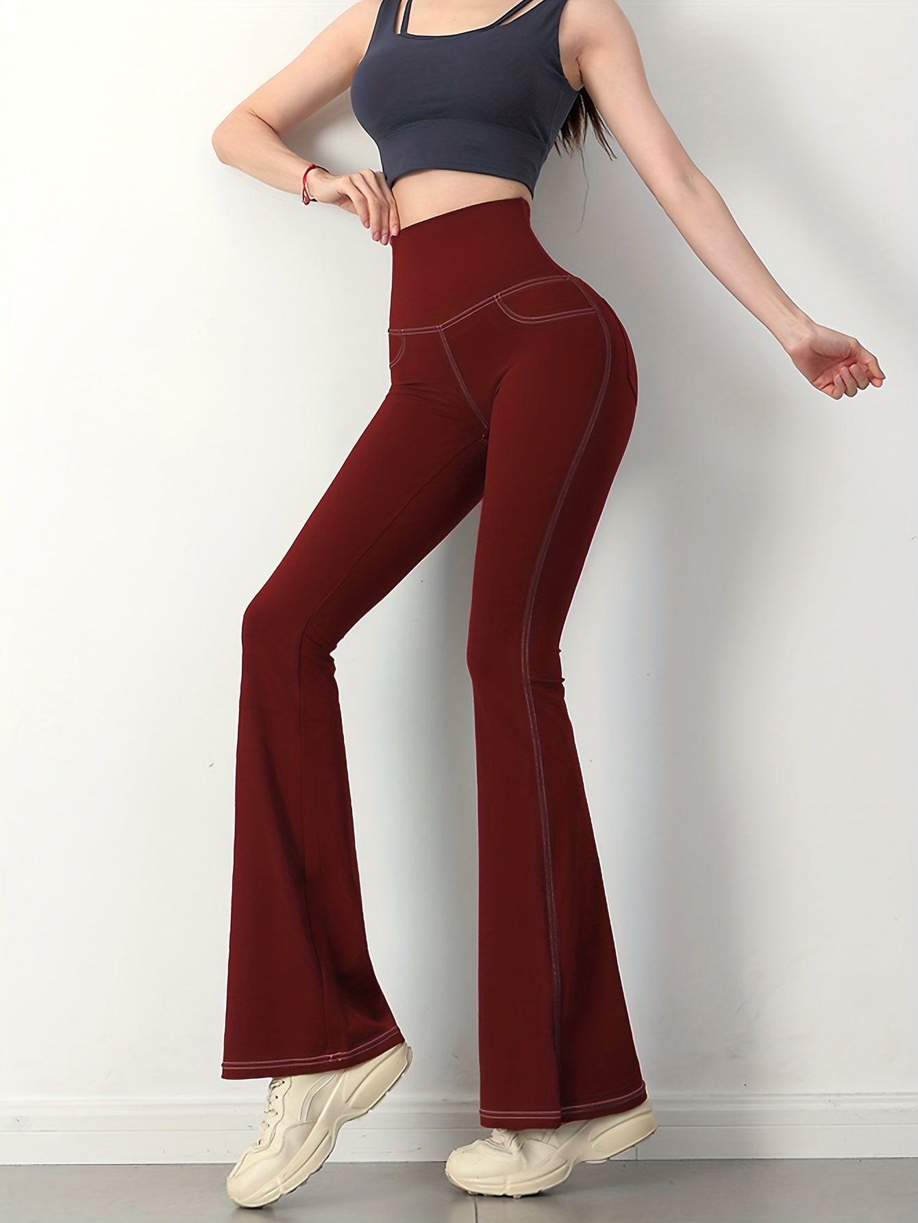 Solid Color Imitation Denim Yoga Pants With Pockets, Sports Fitness Yoga Running Flared Leggings, Women's Clothing Wide Waistband