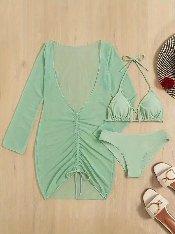 3-Pieces Green Bikini Sets, Halter Neck High Cut With Drawstring Long Sleeves Cover Up Dress Swimsuit, Women's Swimwear & Clothing Triangle Top