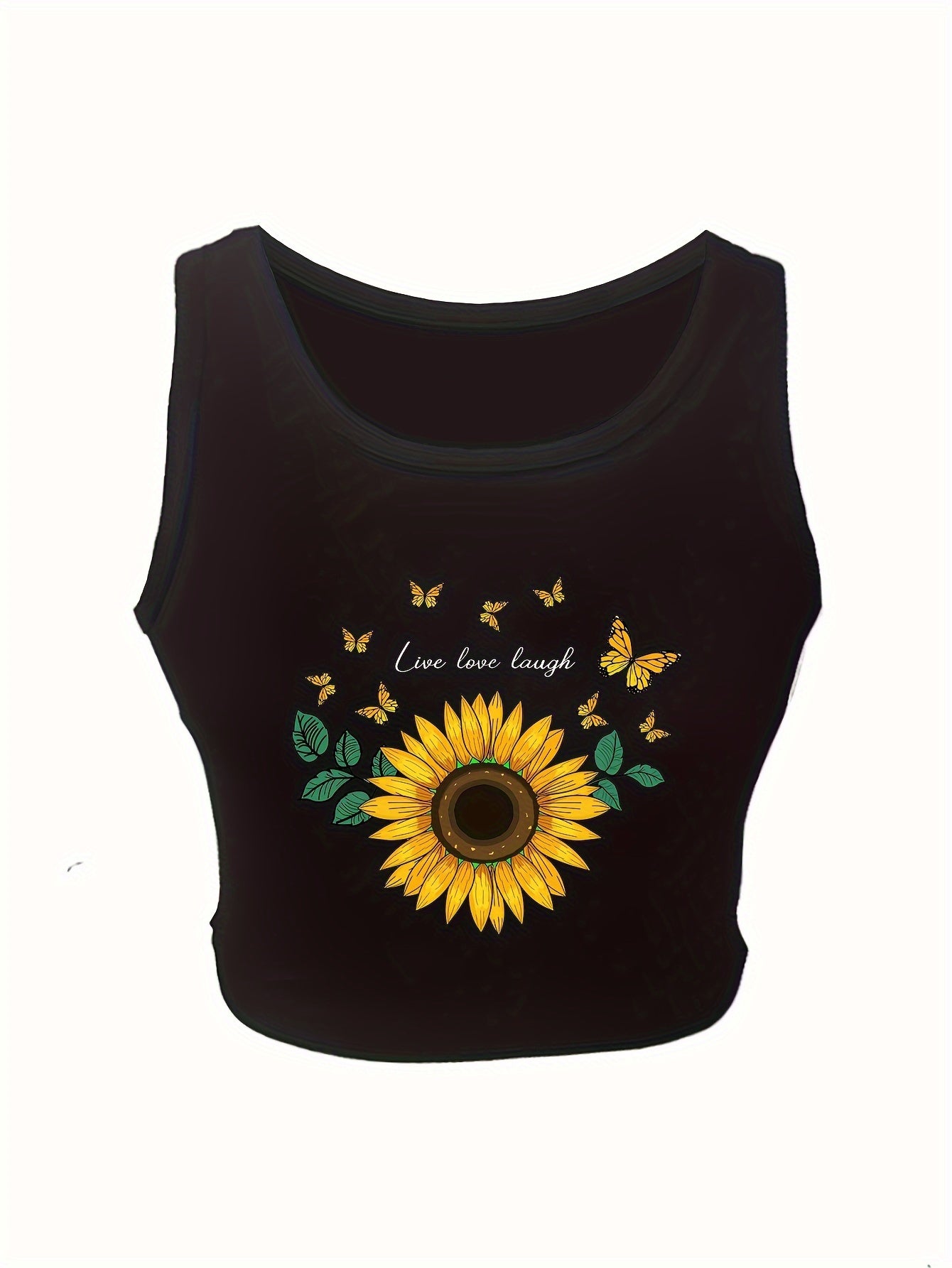 Women's High-Elasticity Sunflower & Butterfly Print Sleeveless Crop Tank Top - "Live Love Laugh" Design, Casual Yoga & Activewear, Polyester, Black, Ladies Tank Tops