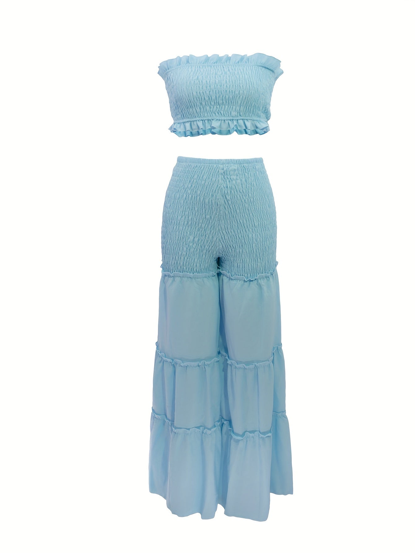 Elegant V-Neck High-Waist Wide Leg Two-Piece Set with Ruched Detail - Sexy Corset & Strapless Top, Polyester Blend, Perfect for Spring/Summer, Chic Outfit|Vneck Top|Polyester Blend