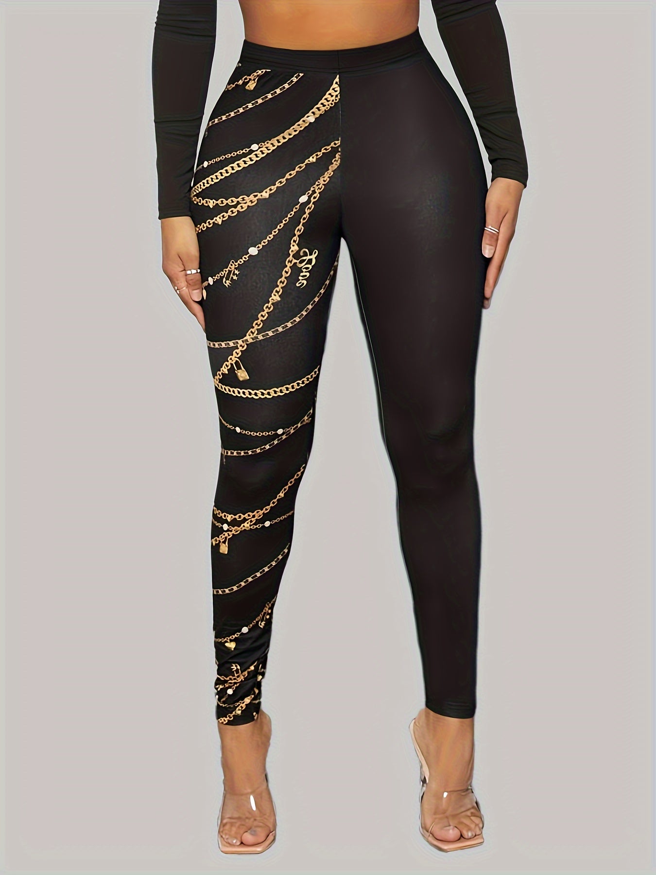 Stylish Black Leggings with Golden Chain Print - High-Waist, Stretchy & Comfortable, Polyester/Elastane Blend, Machine Washable - Versatile All-Season Wear for Women