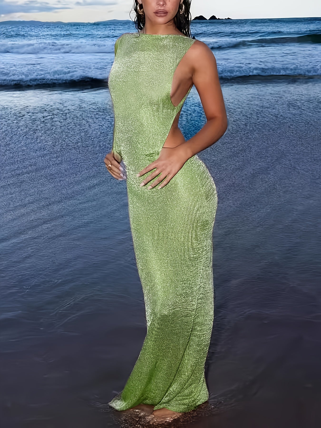 Sleeveless Backless Split Thigh Maxi Dress - Sexy Beachwear for Women, High Stretch Elegant Bodycon Style, Perfect for Summer Outings and Romantic Getaways, Vacation Dress | Stylish Evening Wear | Textured Fabric