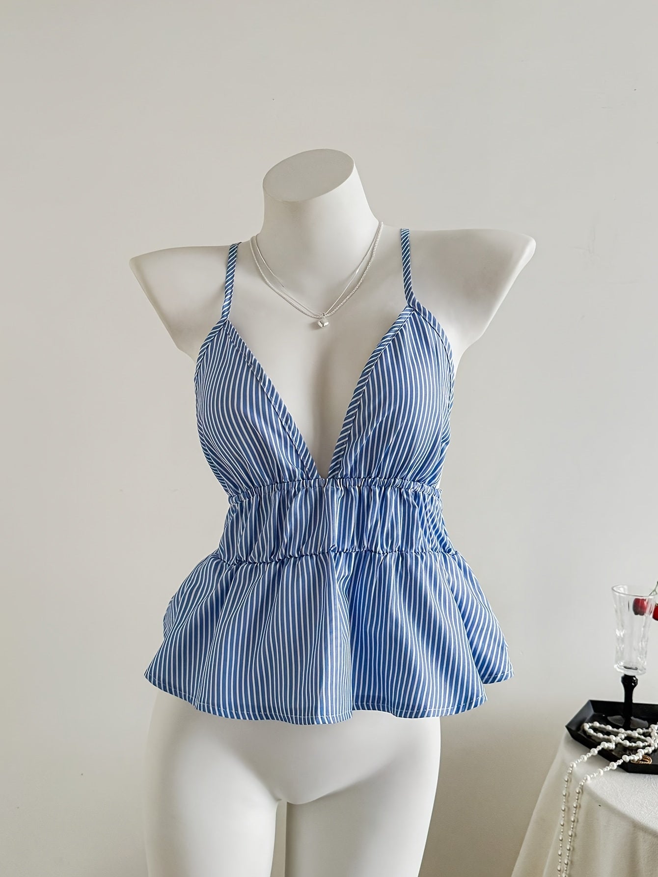 Elegant Blue & White Striped Halter Neck Dress - Casual Summer Fashion for Women, Sleeveless with V-Neckline, Stylish Accessory, Casual Attire|Striped Pattern|Elegant Neckline