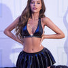 PU Glossy Pleated Skirt, Sexy Matching Bra with Wide Shoulder Straps and Pants