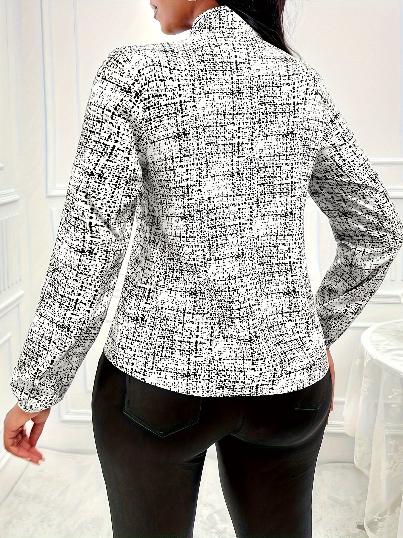 Allover Print Tie Neck Blouse, Elegant Long Sleeve Top For Spring & Fall, Women's Clothing