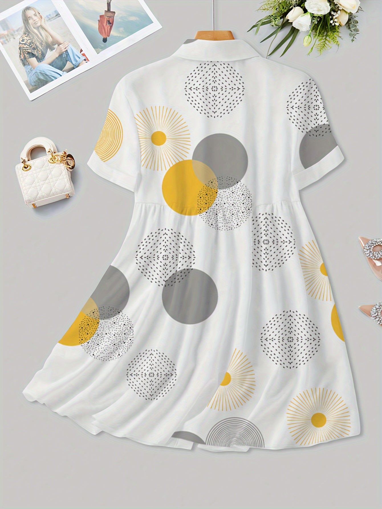 Casual Machine Washable A-Line Dress - Chic Geometric Print with Button Front and Collar - Perfect for All Seasons
