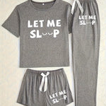 [Simple Letter Print] Women's Three Piece Set | Casual Pajamas | Short Sleeve Long Pants Shorts | Simple Letter Print