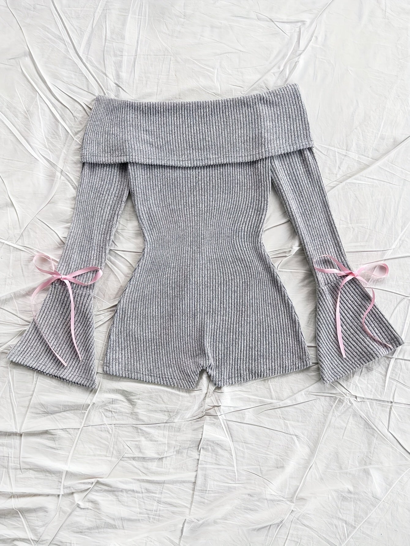 Elegant Direction Women'S New Autumn And Winter Knitted Solid Color Off-Shoulder Long Sleeve Flared Jumpsuit.