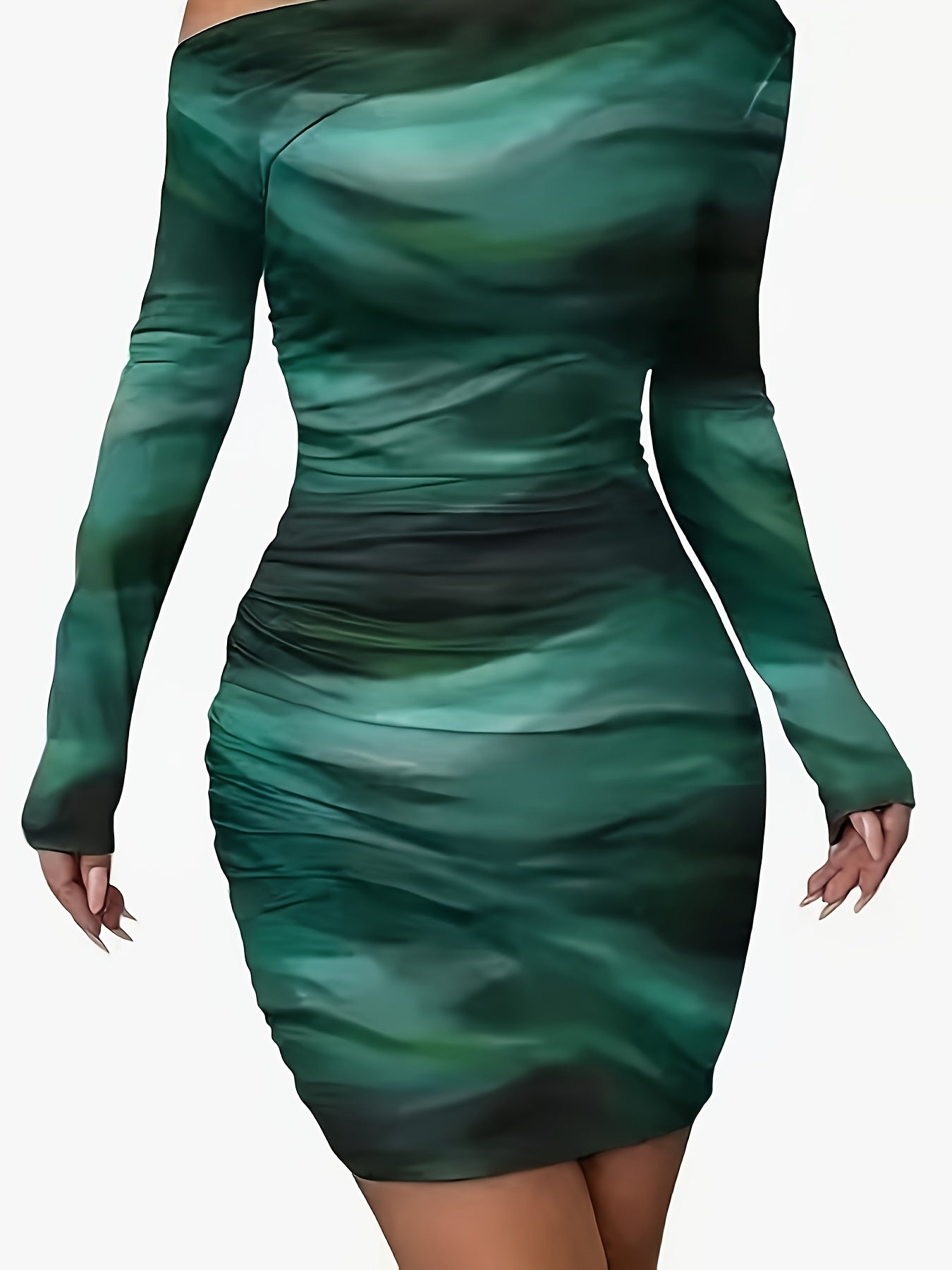 Elegant Asymmetrical Neck Tie-Dye Long Sleeve Bodycon Dress - Green & Black Marble Pattern, Skinny Fit, Perfect for Adult Women, Stylish Evening Attire|Asymmetrical Neckline|Tie Dye Pattern