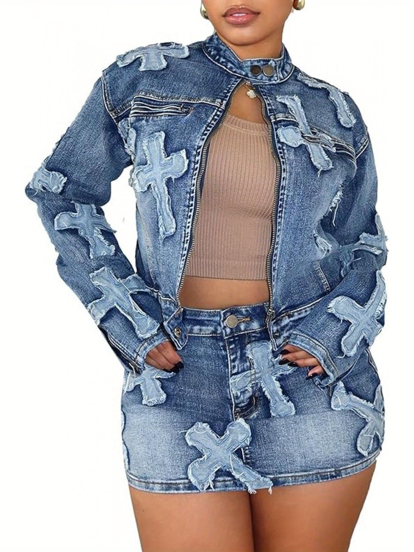 Denim Skirt Set 2pcs Denim Skirt Set for Women Y2K Long Sleeve Zipper Jean Jacket Top Mini Skirt Bodycon Set Two Piece Outfits Long Sleeve Zip Up Jacket Top And Matching Mini Skirt with Pockets
