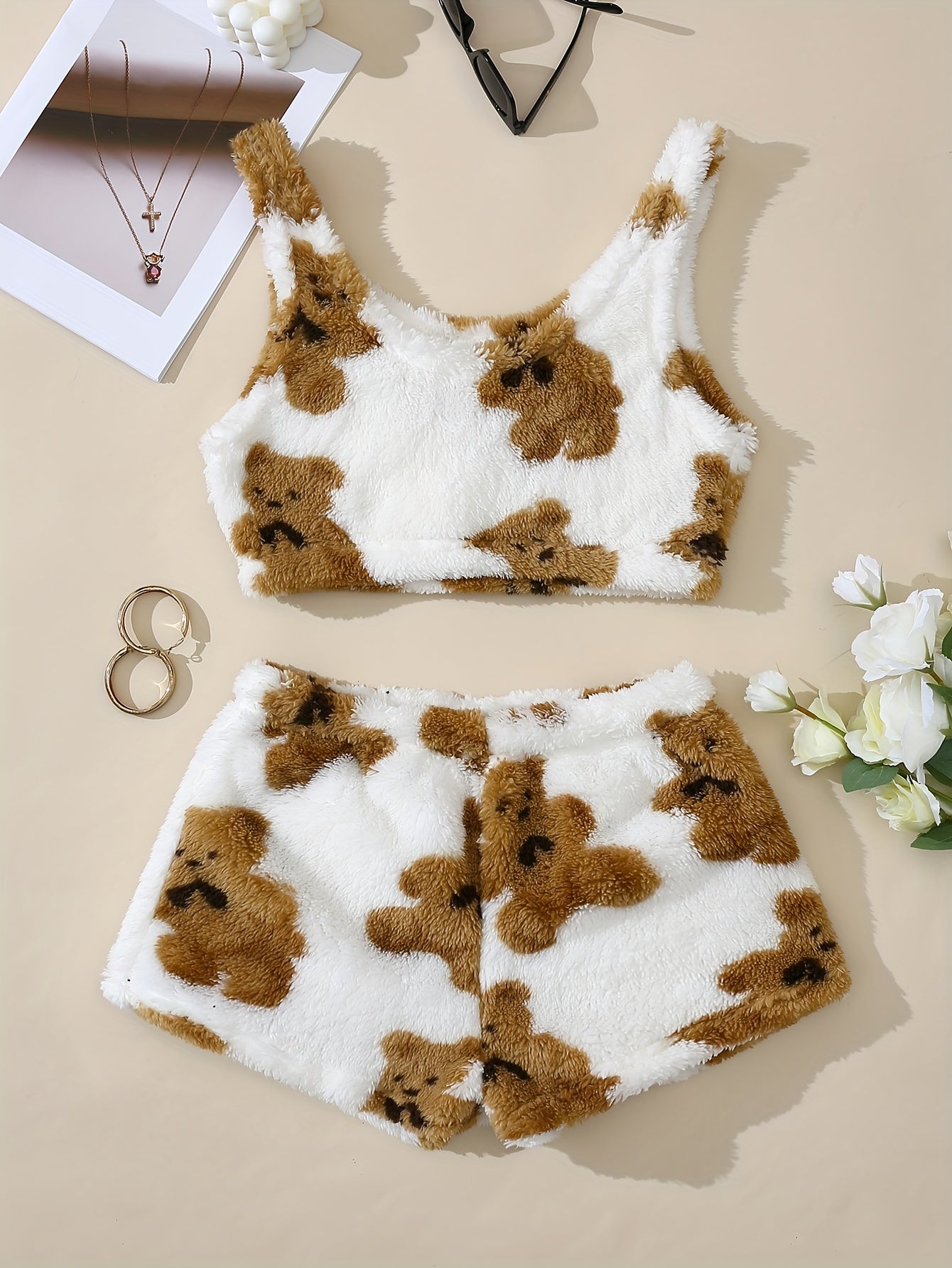 Women'S Fuzzy Loungewear Lady'S Pajamas Sleeveless Tank Top and Shorts Plush PJ Set