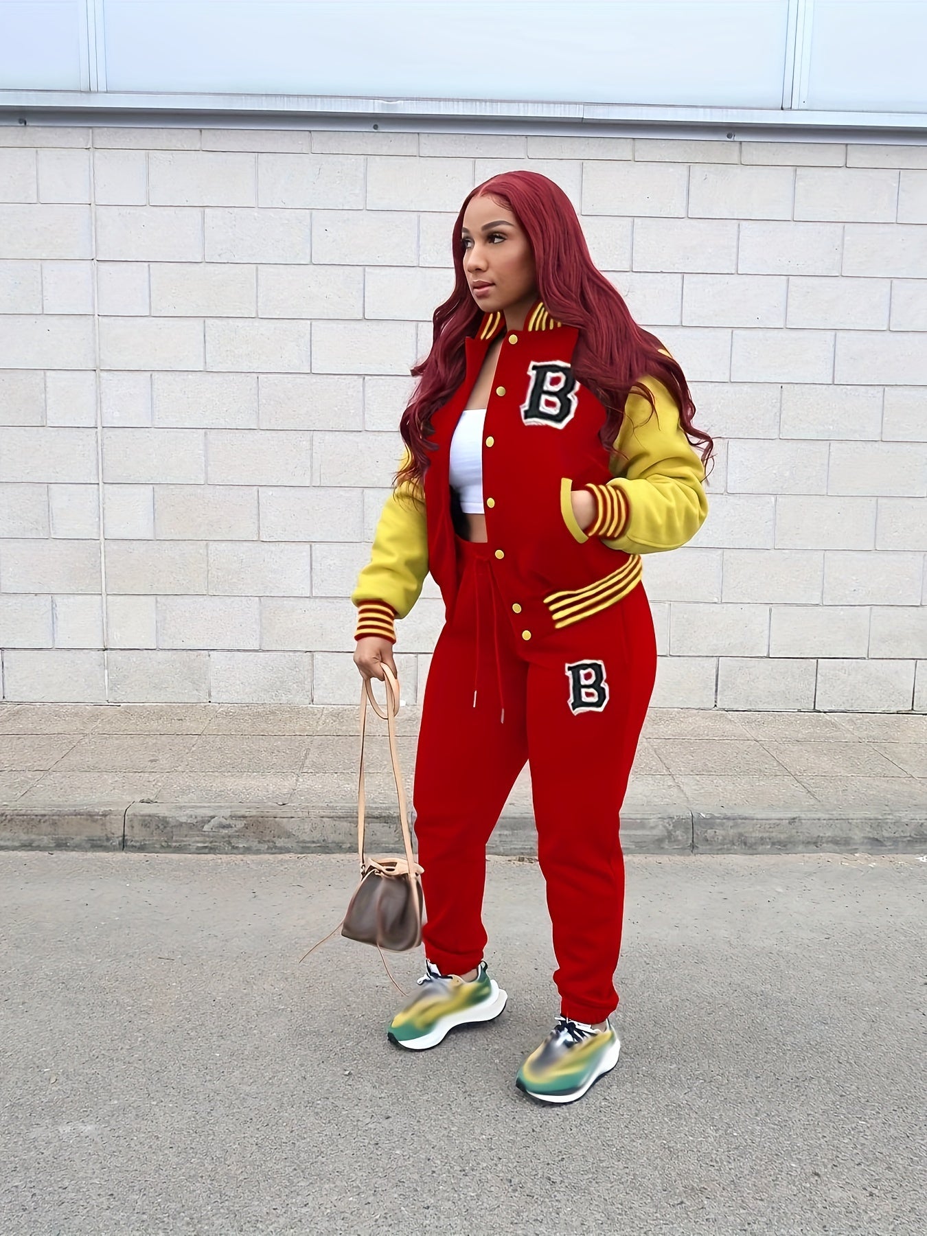Two-piece Set, Button Front Varsity Jacket & Drawstring Jogger Pants Outfits, Letter Pattern Casual Women's Clothing