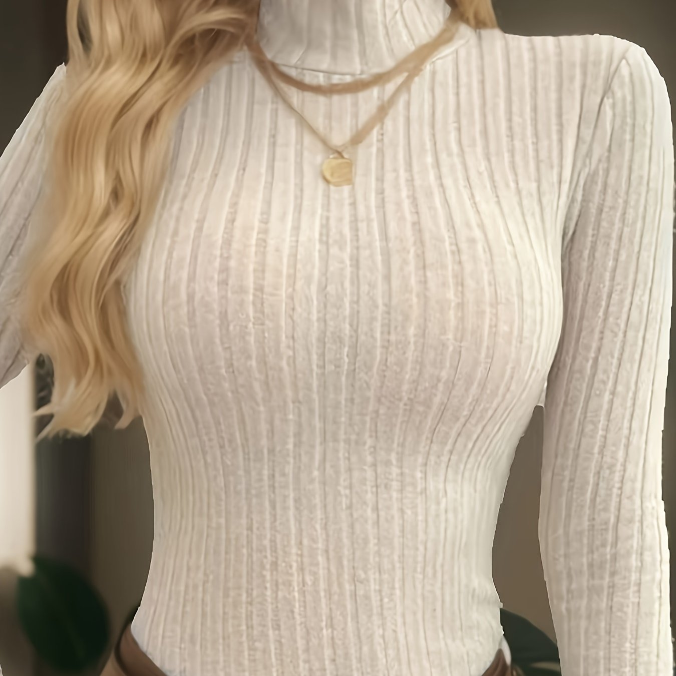 Women'S Elegant High Neck Slimming Top, Polyester 67% Viscose 29% Elastane 4%, Solid Color Knit Fabric, Regular Length, Fall/Winter Season