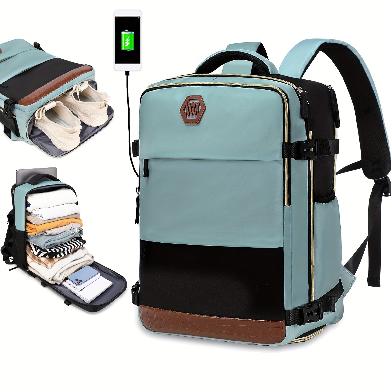 Airlines Approved Women'S Travel Backpack with Shoe Compartment, Casual Laptop Bag, Adjustable Strap, Zipper Closure, Polyester Lining, Solid Color, USB Powered - Multi-Color Options