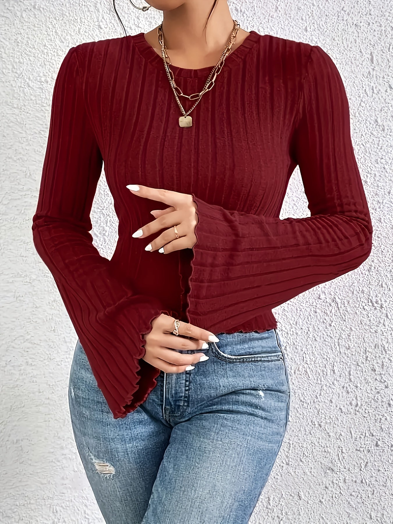 1pc Elegant Polyester Trumpet Sleeve Top for Women - Solid Color Crew Neck Knit Fabric Blouse for Fall/Winter Season