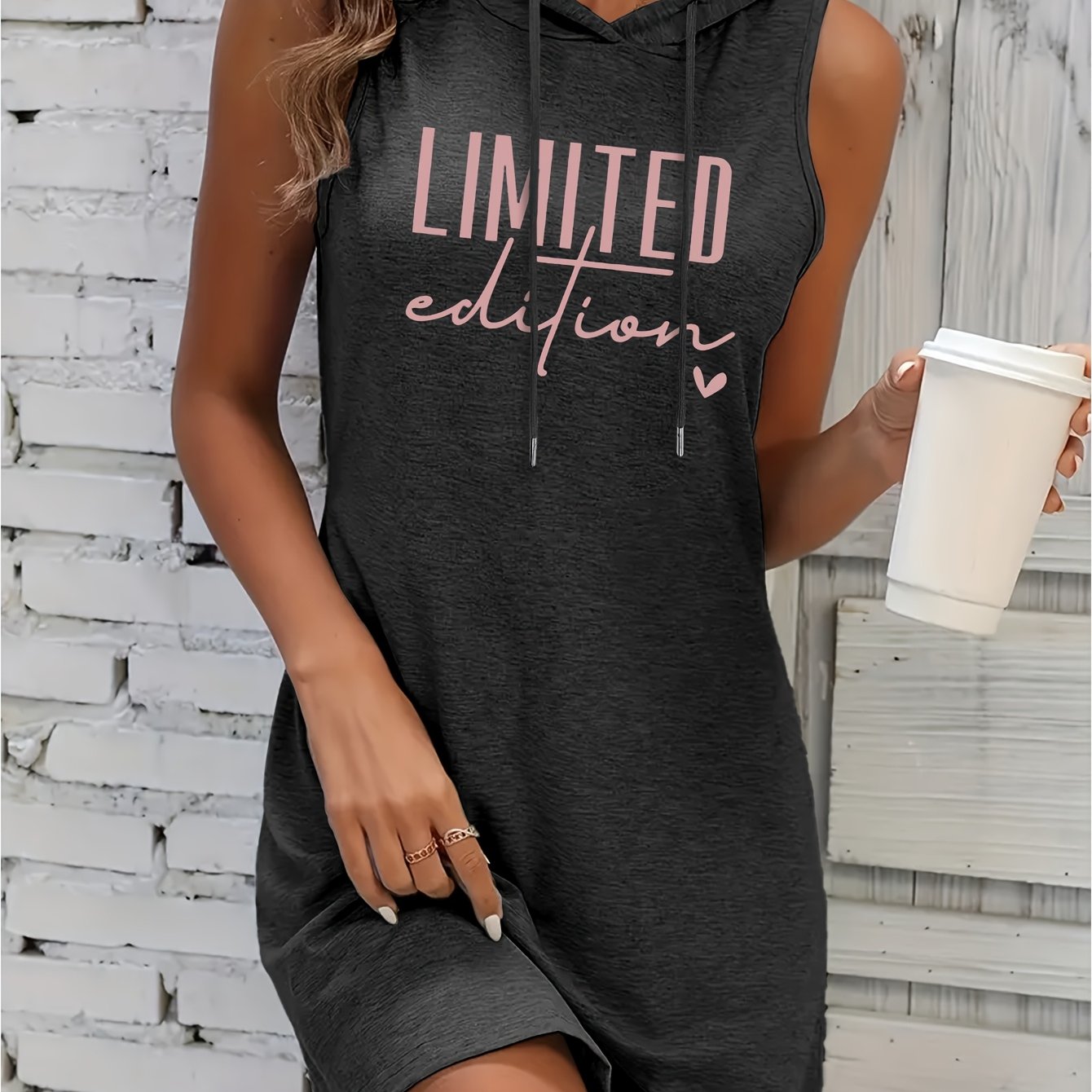 Women's LIMITED EDITION Graphic Hooded Dress - Summer Casual Short Sleeve Fitted Dress with Heart Details, Machine Washable & Versatile for Casual Attire, Relaxed Style, Trendy Fashion, Stretchy Material, Fashion Lovers