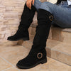 Women's Solid Color Trendy Boots, Buckle Belt Pull On Chunky Heel High Knee Boots, Winter Round Toe Slouchy Boots