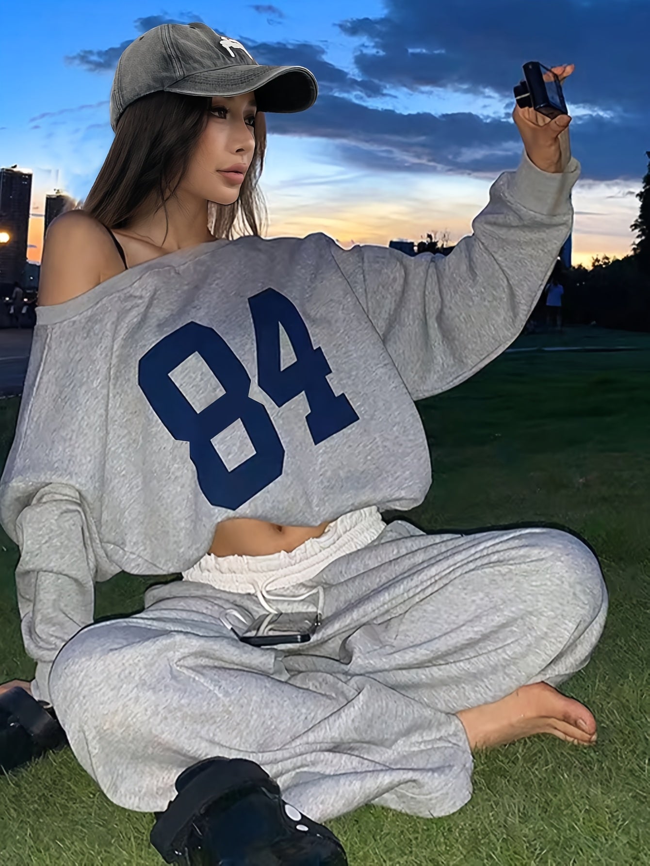 2pcs Women'S Casual Asymmetric Neck Digital Print Sweatshirt And Sweatpants Set, Spring/Autumn