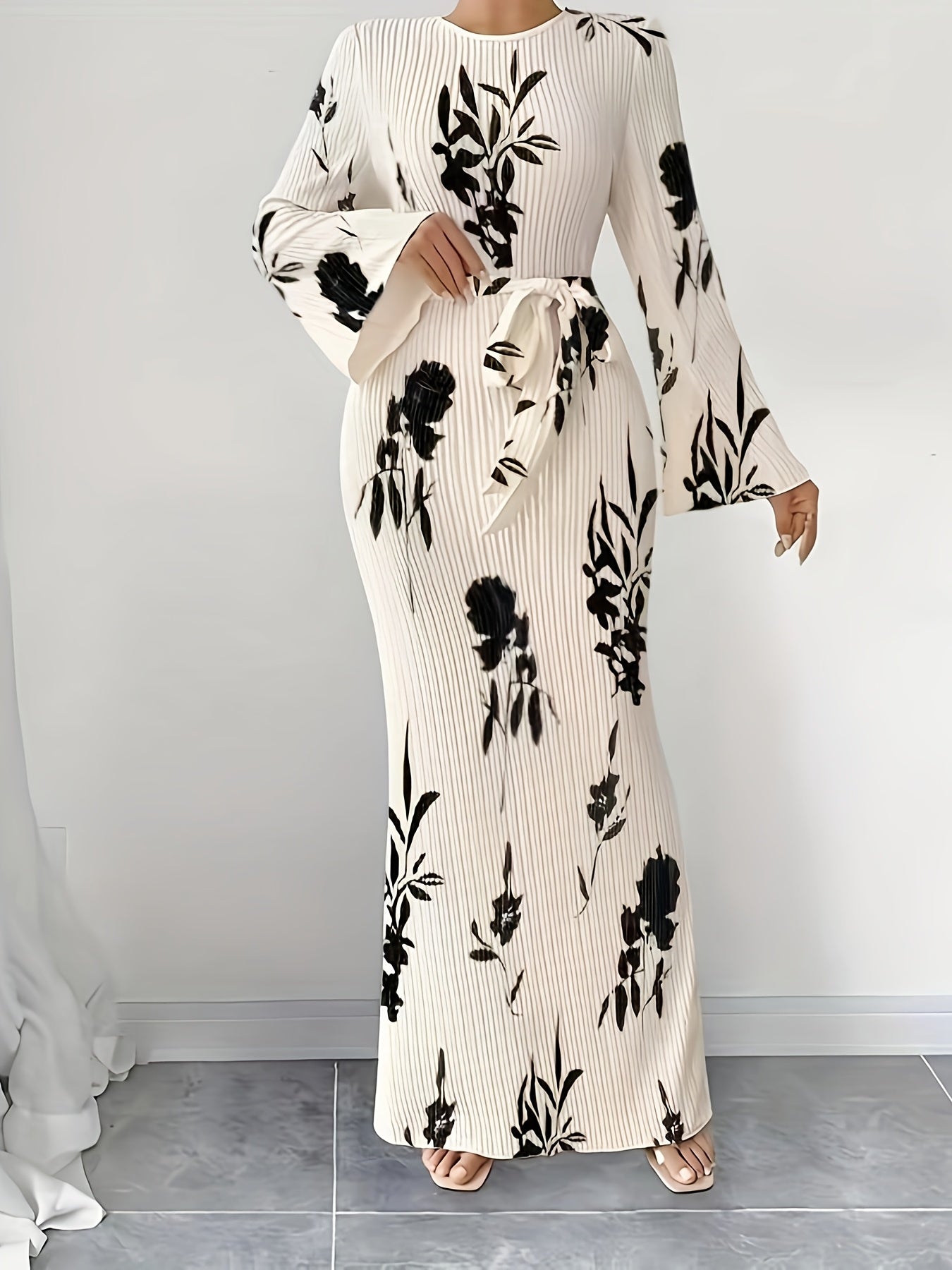 Elegant Women's Floral Maxi Dress with Pleated Fabric - Flared Long Sleeves, Round Neck, Belted Waist, Ribbed Detail - Polyester, Non-Sheer - Perfect for Fall/Winter, Stylish Layering Piece|Pleated Fabric Gown|Polyester Dress