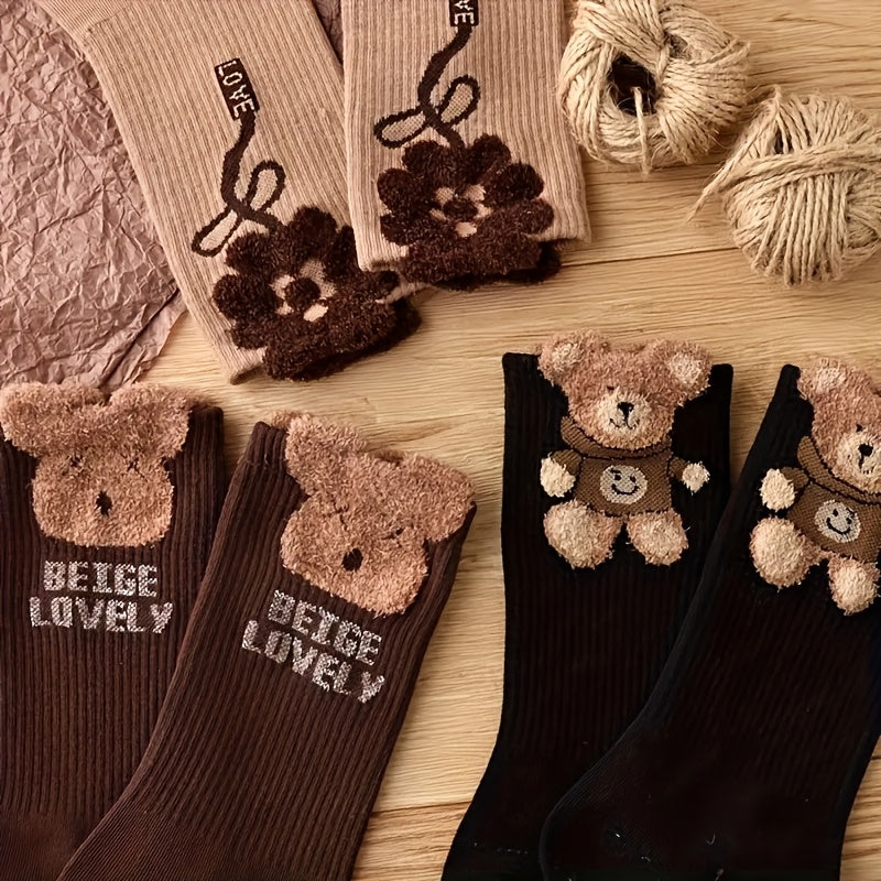 3 Pairs Of Cartoon Bear Print Socks, Comfortable And Cute Mid-calf Socks, Women's Stockings And Socks