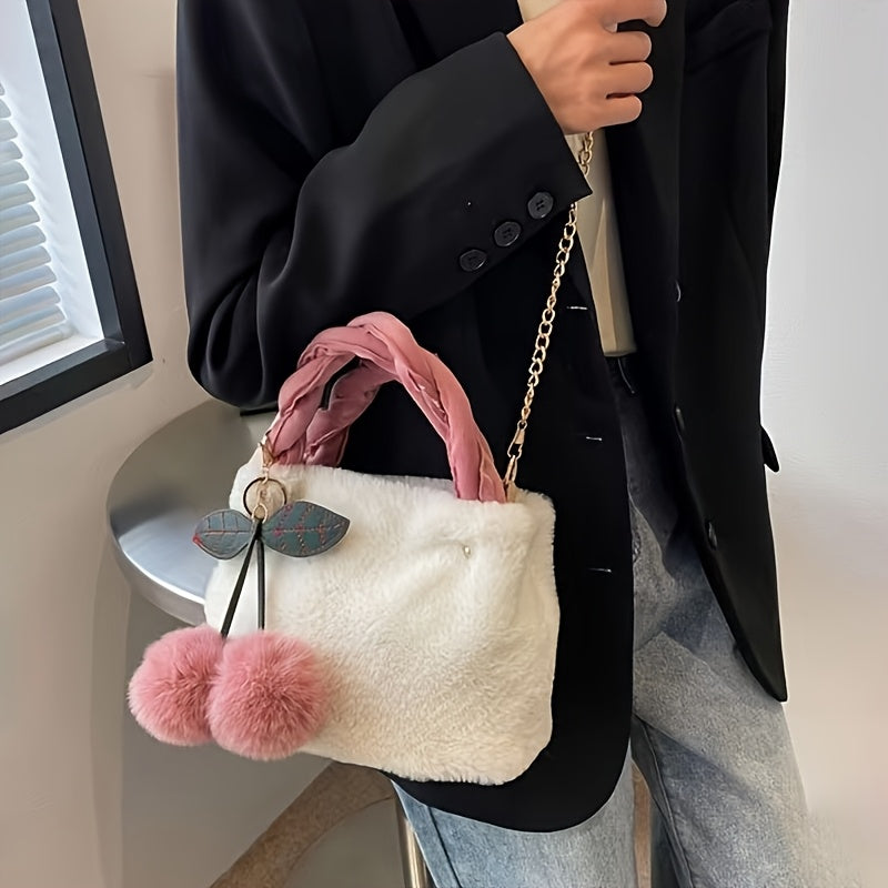 1pc Women's Preppy Synthetic Crossbody Bag With Detachable Chain Strap, Buckle Closure, Wristlet and Plush Cherry Pendant - Unlined, Edge Painted, Perfect for Gifts and Birthdays | Removable Strap | Dry Clean Only