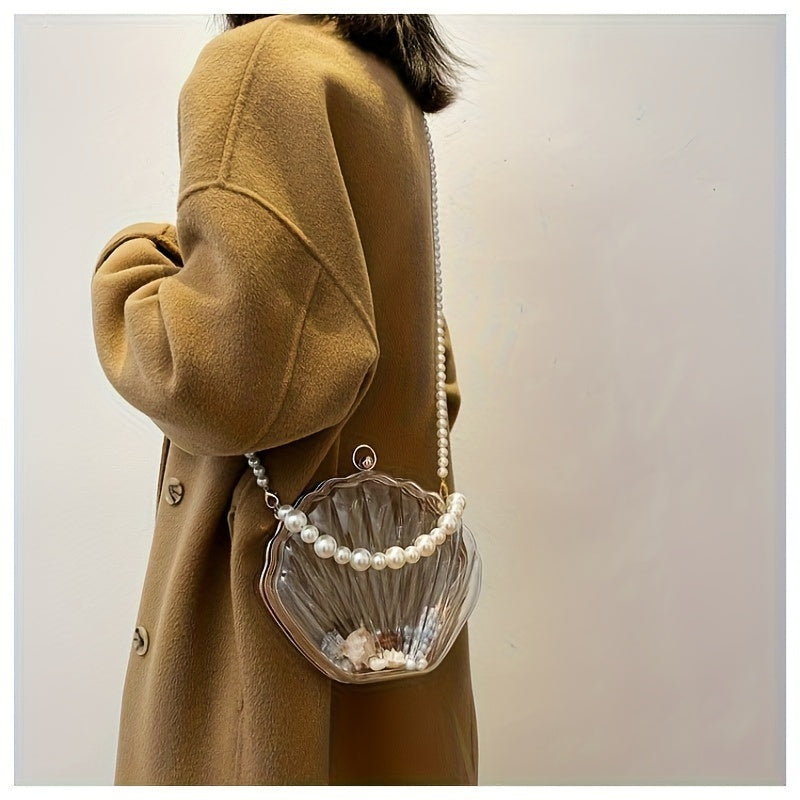 Casual Acrylic Pearl Beaded Shell Crossbody Bag with Removable Strap, Transparent Unlined Clutch with Buckle Closure, Checkpoint-Friendly Fashion Accessory