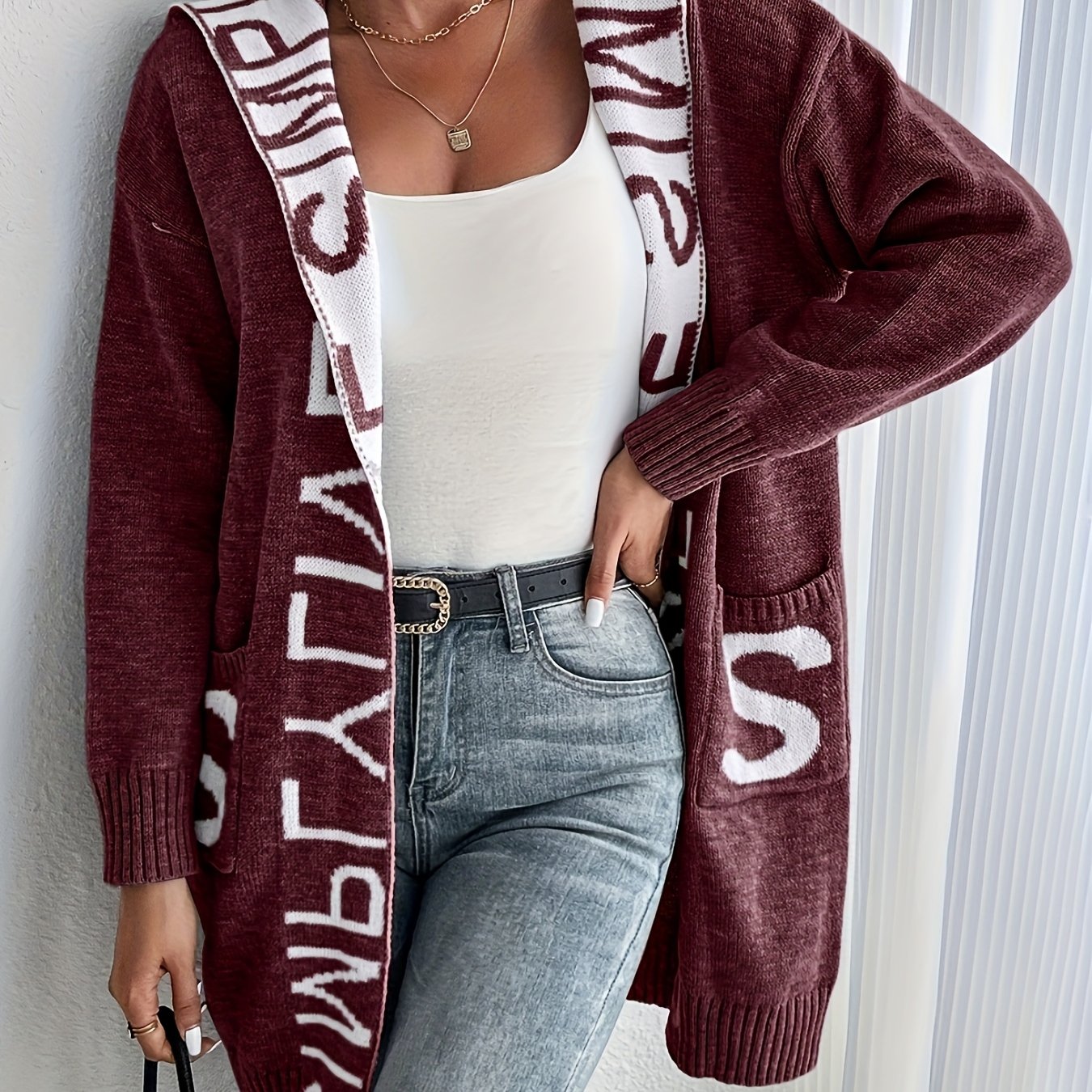 Women's Letter Print Open Front Knit Cardigan - Casual Hoodie Long Sleeve - Cozy Fleece Material - For Fall & Winter - Perfect for Casual Wear & Layering - Ideal Gift for Women