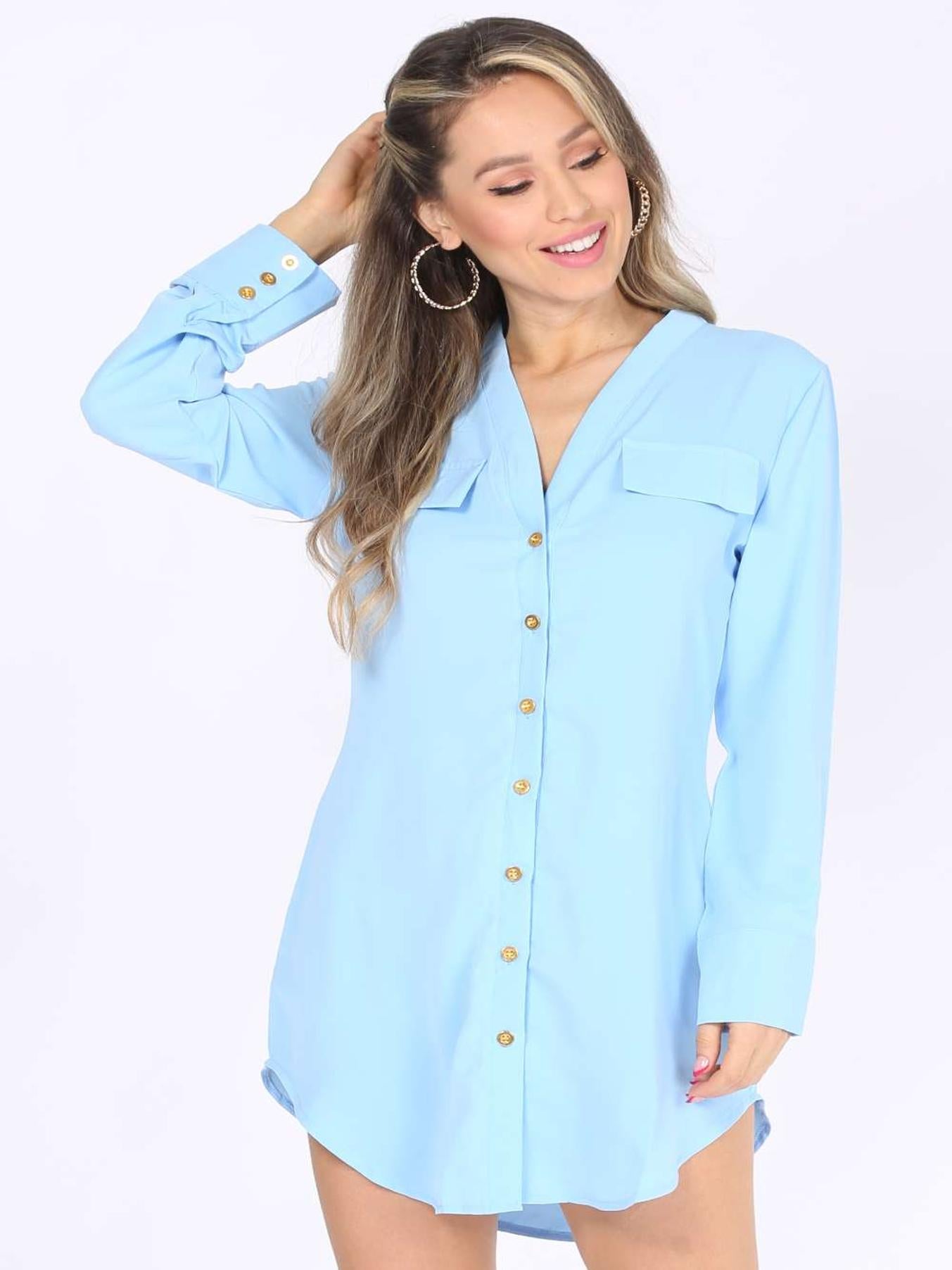 Plain V Neck Button Front Blouse