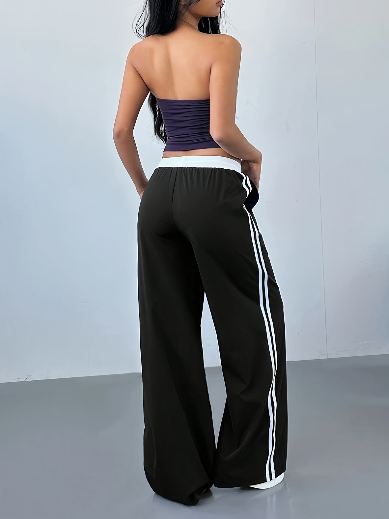 Women's Y2K Fashion Casual Pants - Navy Blue Striped Straight-Leg Trousers with Letter Detail, Drawstring Waist, Machine Washable, Polyester and Elastane Blend, Casual Wear Pants | 90S Inspired Fashion | Smooth Fabric Finish