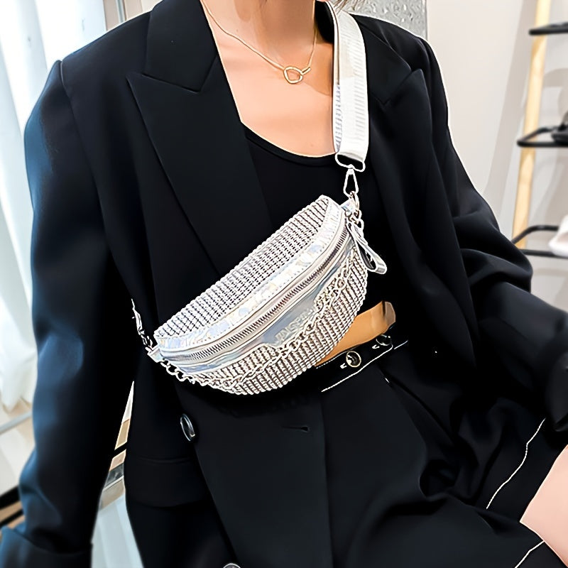 Glittering Rhinestone Fanny Pack with Chain Detail - Stylish Women’s Crossbody Waist Bag, White, Adjustable Strap, Zipper Closure, Perfect for Casual or Festive Occasions, Versatile Crossbody | Rhinestone Embellished | Adju