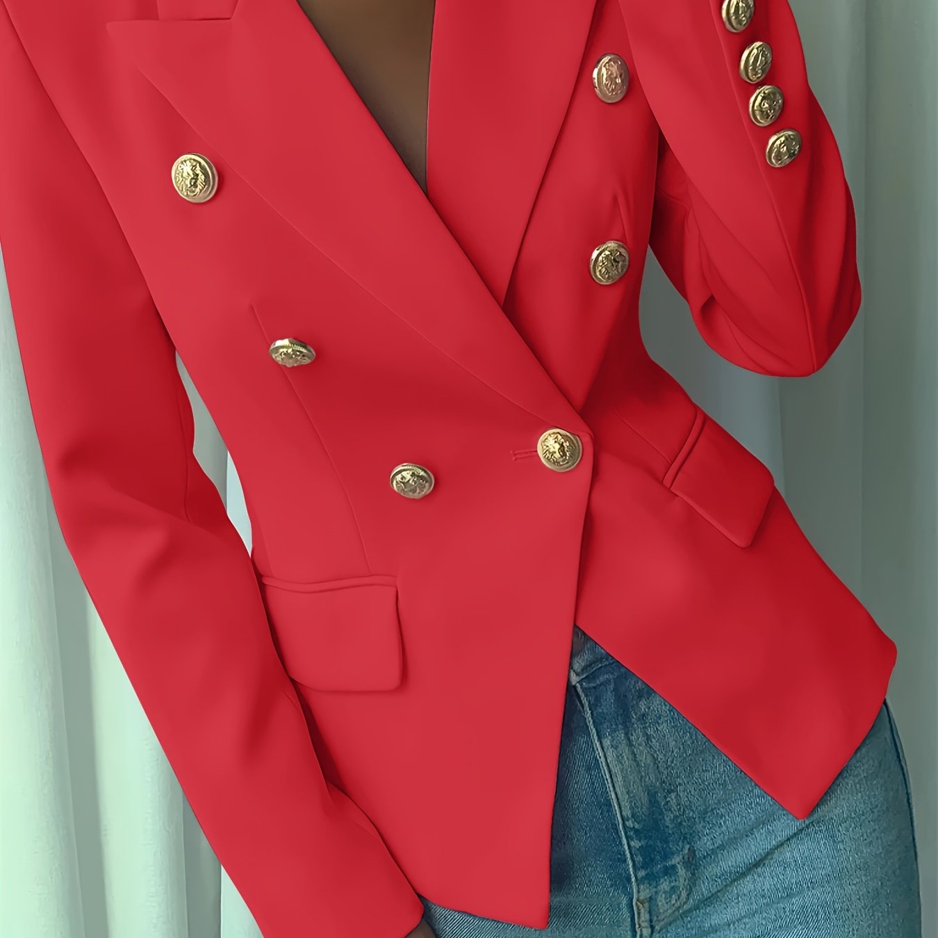Women's Elegant Pink Double-Breasted Blazer - Polyester, Long Sleeve, Lapel Collar with Golden Buttons, Stylish Work Office Jacket