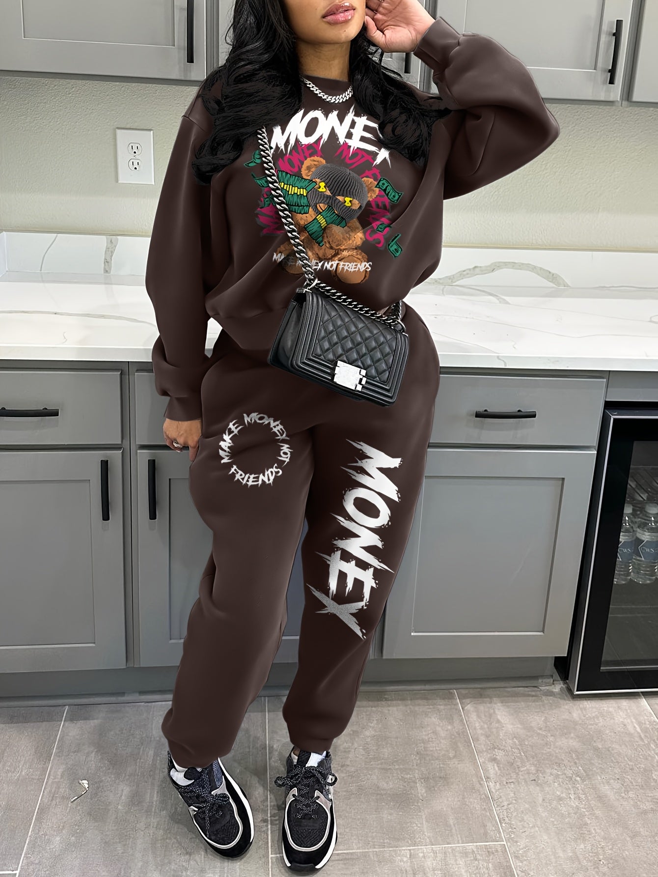 Women'S Casual Polyester Tracksuit, Crew Neck Knit Fabric Alphabet Pattern Loungewear, with Sweatshirt and Pants Set