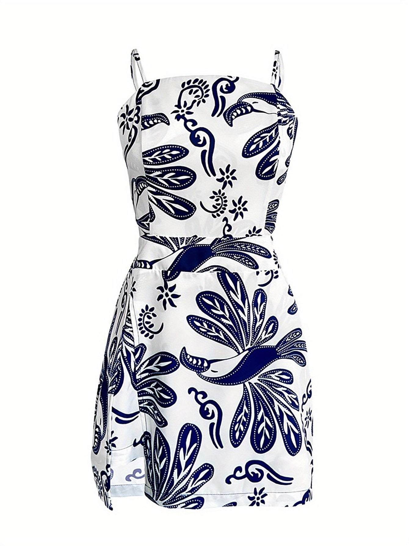 Women's Tropical Floral Print Square Neckline Backless Romper - Elastic Waist & Adjustable Back Open Design, Lightweight Breathable Wide-Leg Short Romper for Spring/Summer Casual Outings, Versatile Clothing, Fashionforward Lo