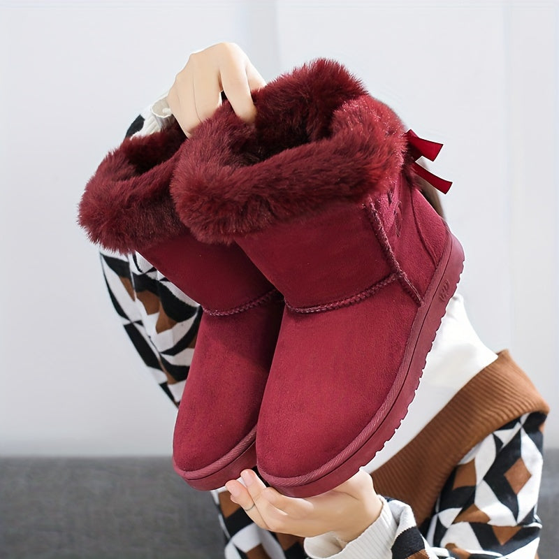 Women'S Mid-Calf Snow Boots with Faux Fur Trim, Round Toe, Non-Slip PVC Sole, Thick Warm Flannel Lined, Solid Color Winter Footwear
