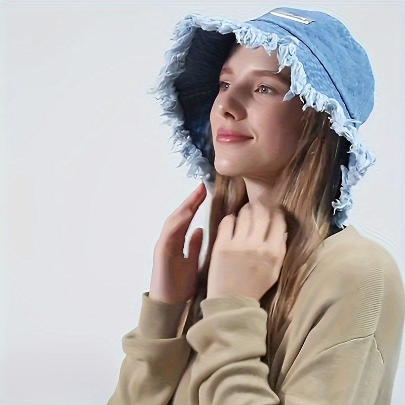 Stylish Basin Bucket Hat - Lightweight, Distressed, Raw Hem, Casual Sunshade Fisherman Cap for Women and Girls - Blue Denim Washed, Soft, Breathable, Adjustable, Perfect for Outdoor Activities