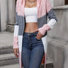 Chic Twilight Striped Long Cardigan with Hood - Casual Open Front Sweater, Cozy Cable Knit, Two-Tone Color Design, Perfect for Fall/Winter, Available in Pink/Gray/White