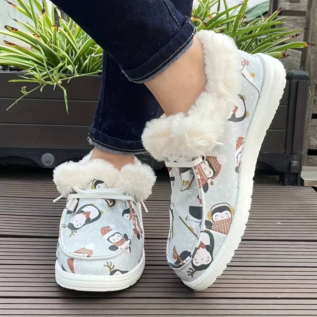 Cozy Penguin Print Slip-On Women's Boots - Soft Sole, Plush Lining for Winter Comfort, Casual Style