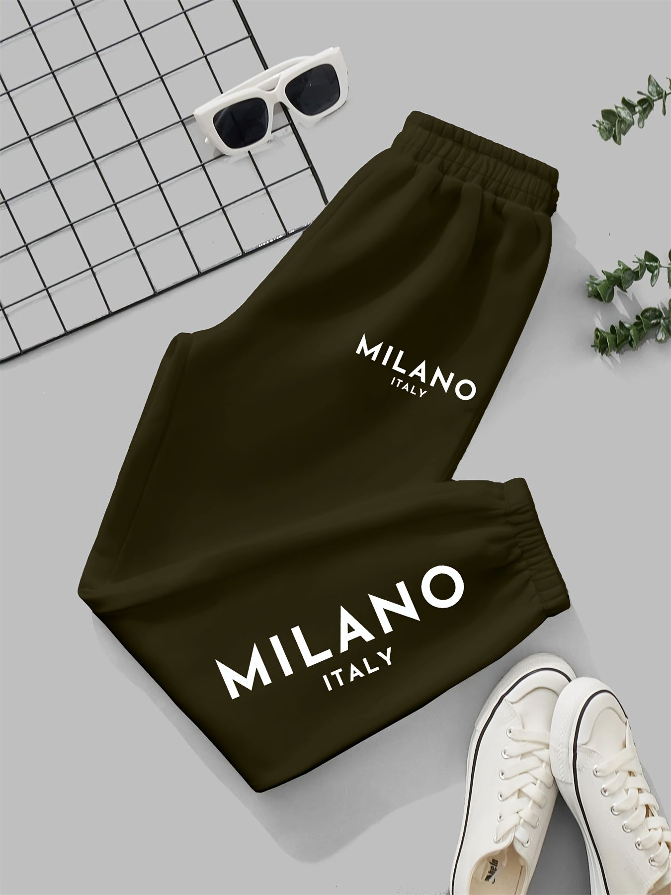 Milano Italy Printed Women'S Jogger Pants, Casual Knit Polyester 100% Fabric, 190g/m², All-Season, with Pockets, Fashionable Long Jogging Trousers for Adult