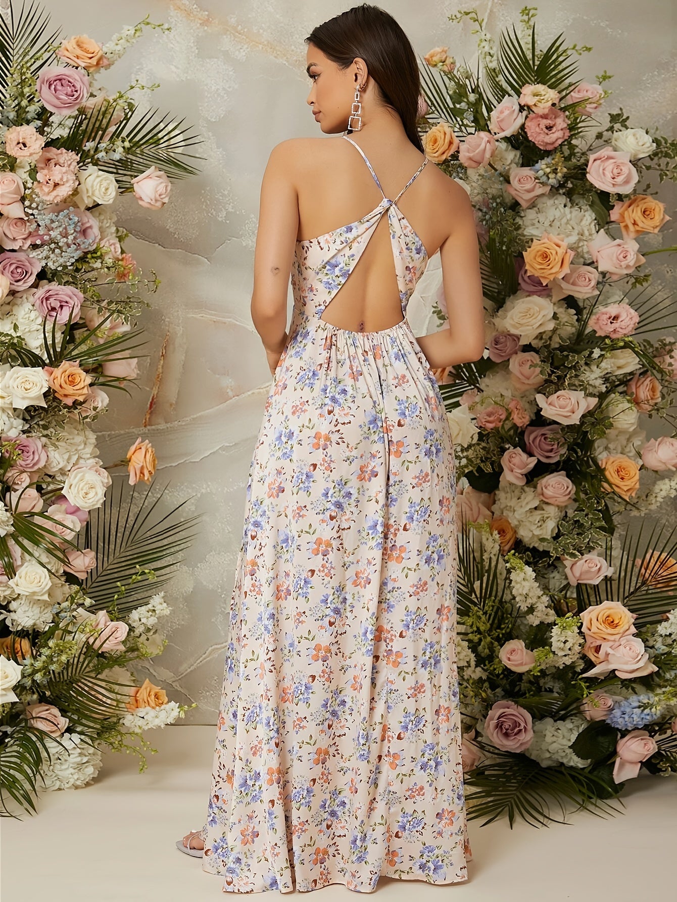 Elegant V-Neck Floral Print Split Thigh Maxi Dress, Polyester Slip Style - For Women - Spring/Summer/Fall - Perfect for Parties & Casual Occasions - Ideal Gift for Her