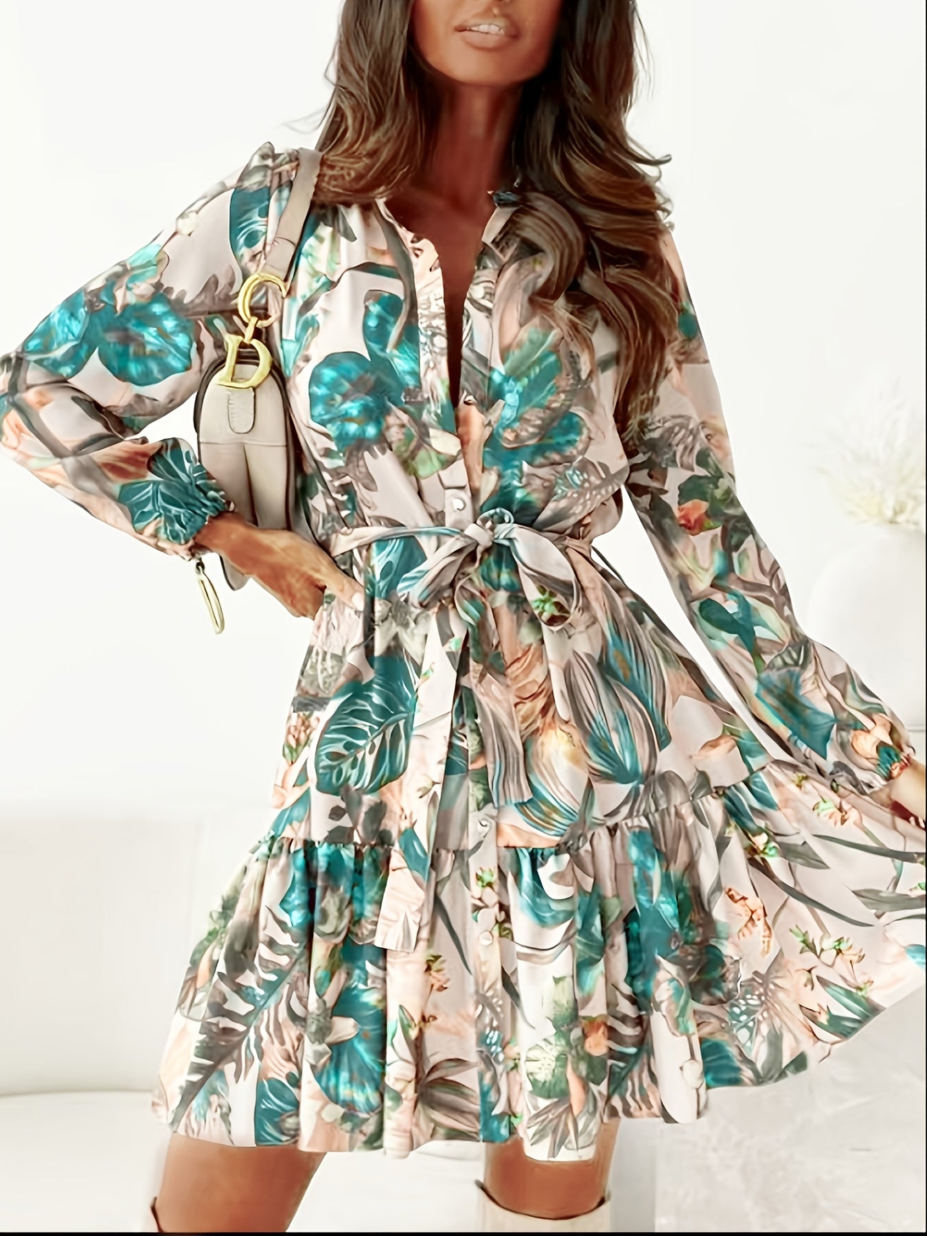1pc Women's Floral Print Peplum Dress with Lapel Collar and Button Details, 95% Polyester 5% Elastane, All-Season Woven Fashion Dress for Adults