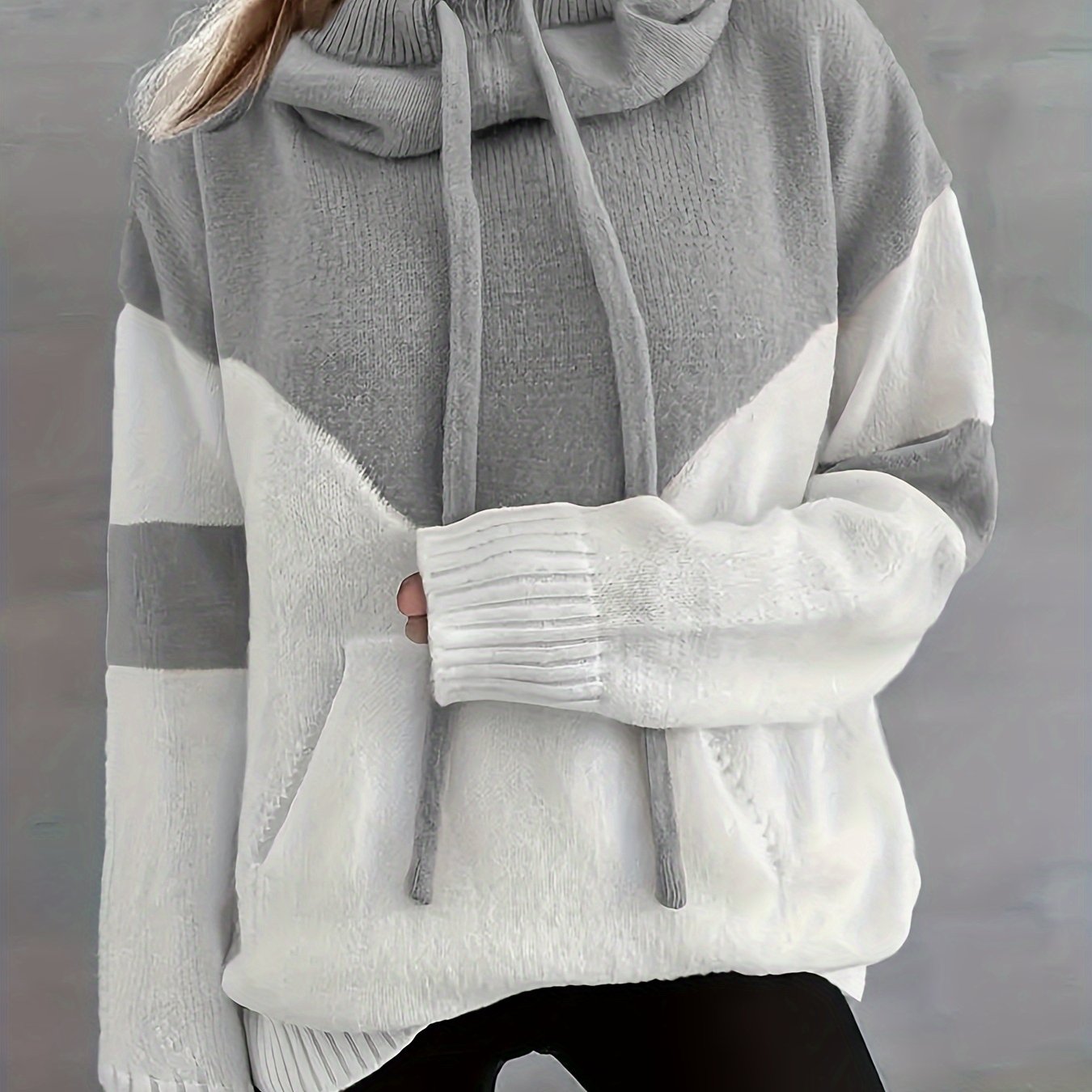 Color Block Drawstring Hooded Sweatshirt, Women's Long Sleeve Casual Pullover Sweater with Pocket