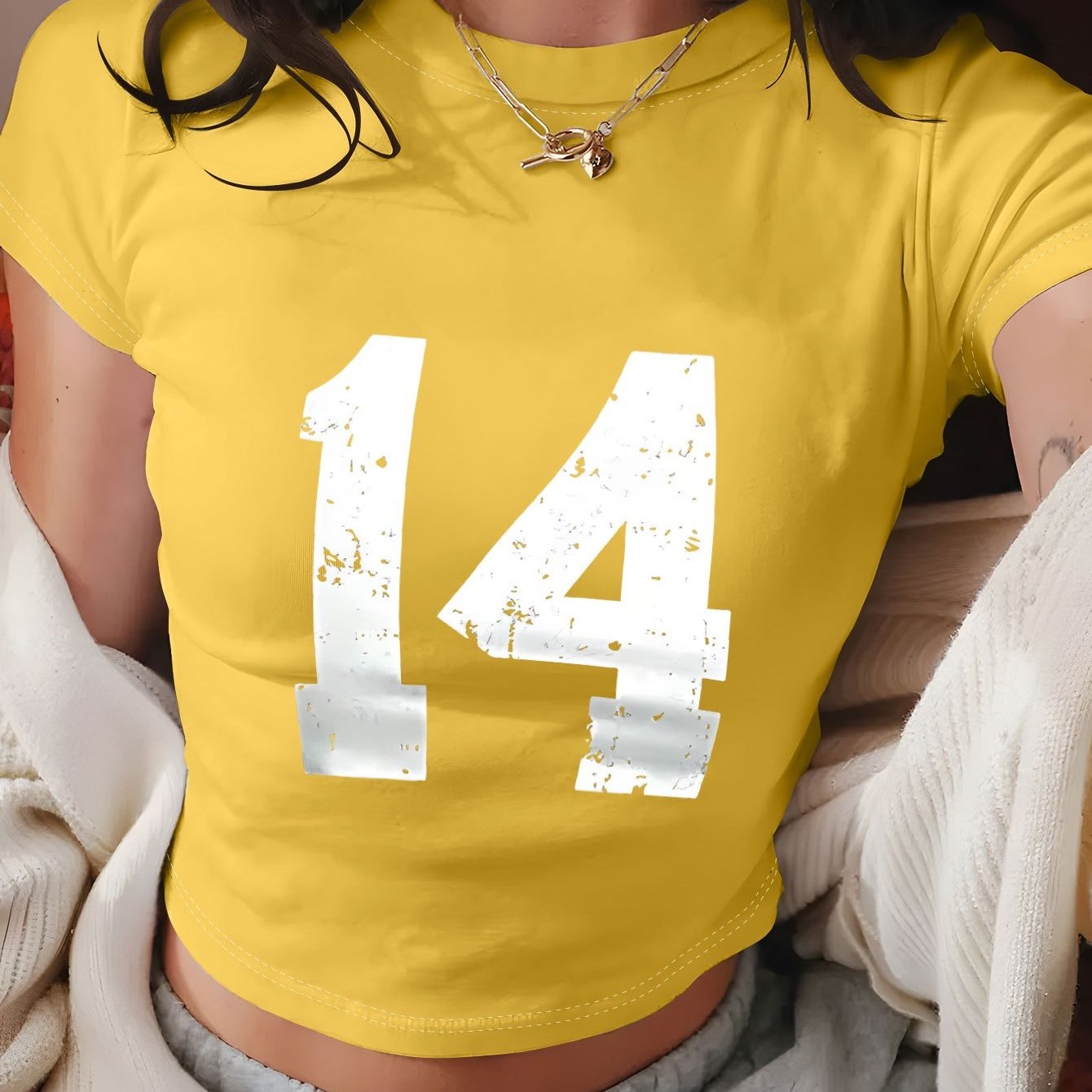 Women's Y2K Geometric Number 14 Print Crop T-Shirt - Soft Casual Top, Light Yellow with White Numerals, Spring Summer Versatile Tee, Distressed Style, Machine Washable Fabric, Comfortable Fit