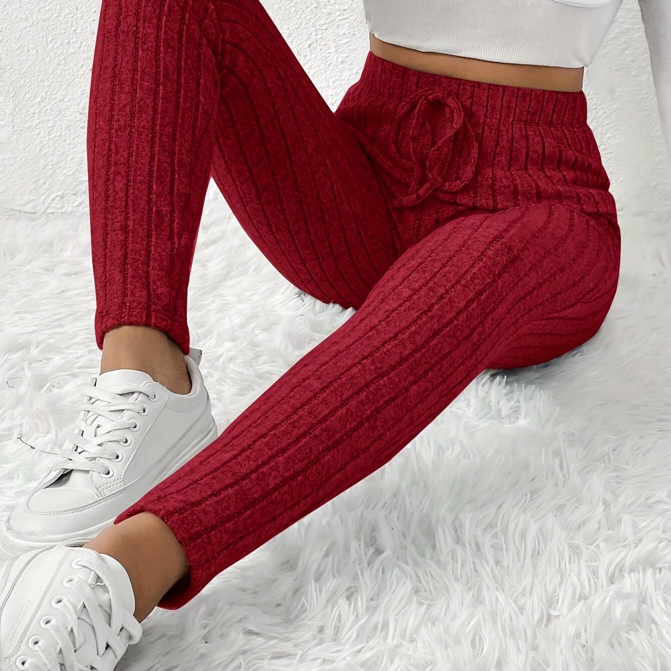 Elegant High-Waist Ribbed Knit Pants for Women - Cozy & Chic Brown Slim-Fit Trousers with Elastic Waistband, Perfect for Fall/Winter Casual Wear