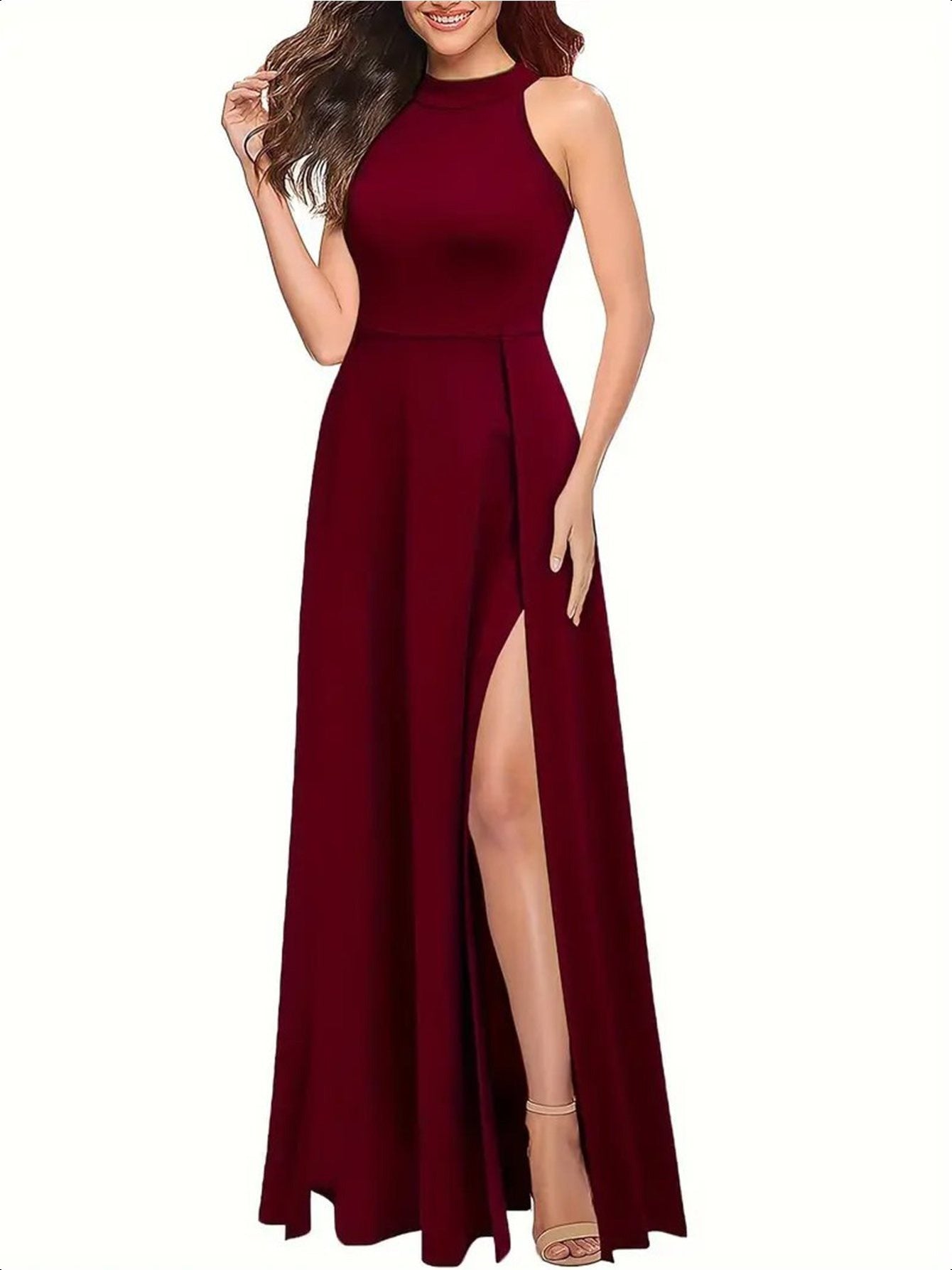 Long formal dress, slit thigh high waist long dress, elegant sleeveless round neck dress, suitable for parties and banquets